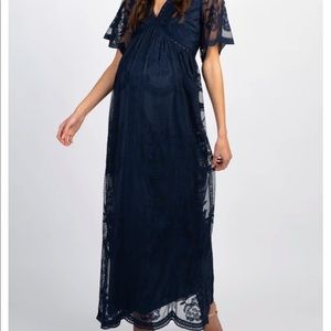 PinkBlush Navy Blue Lace Mesh Maternity Dress
